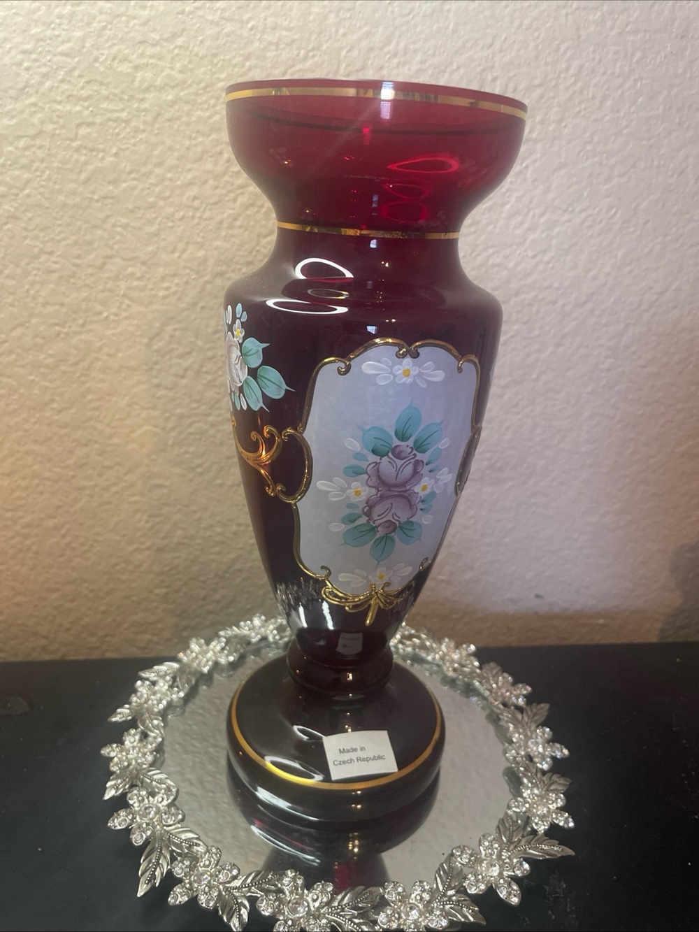 Gorgeous Bohemian Czech Republic Gilted Cranberry Glass 9” Royal Vase